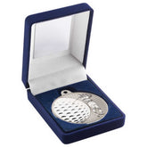 BLUE VELVET BOX AND 50mm GOLF MEDAL TROPHY MATT SILVER/SILVER - 3.5in
